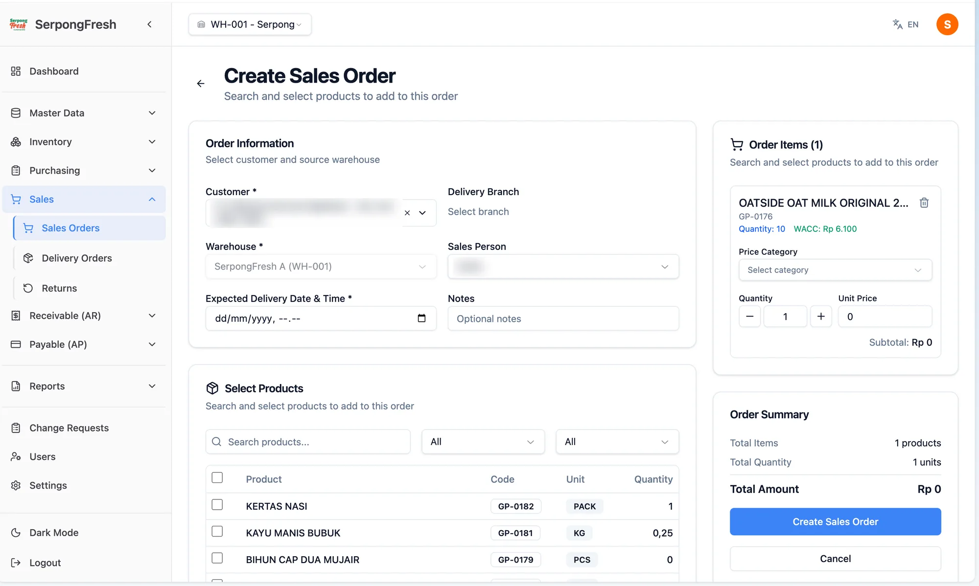 Creating a sales order with live stock and cost per item