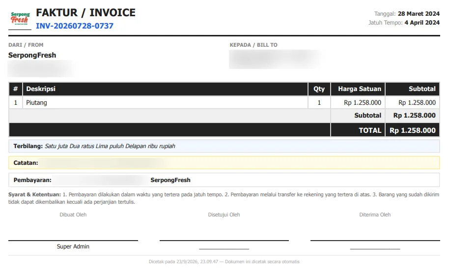 Print-ready invoice with company branding and amount in words