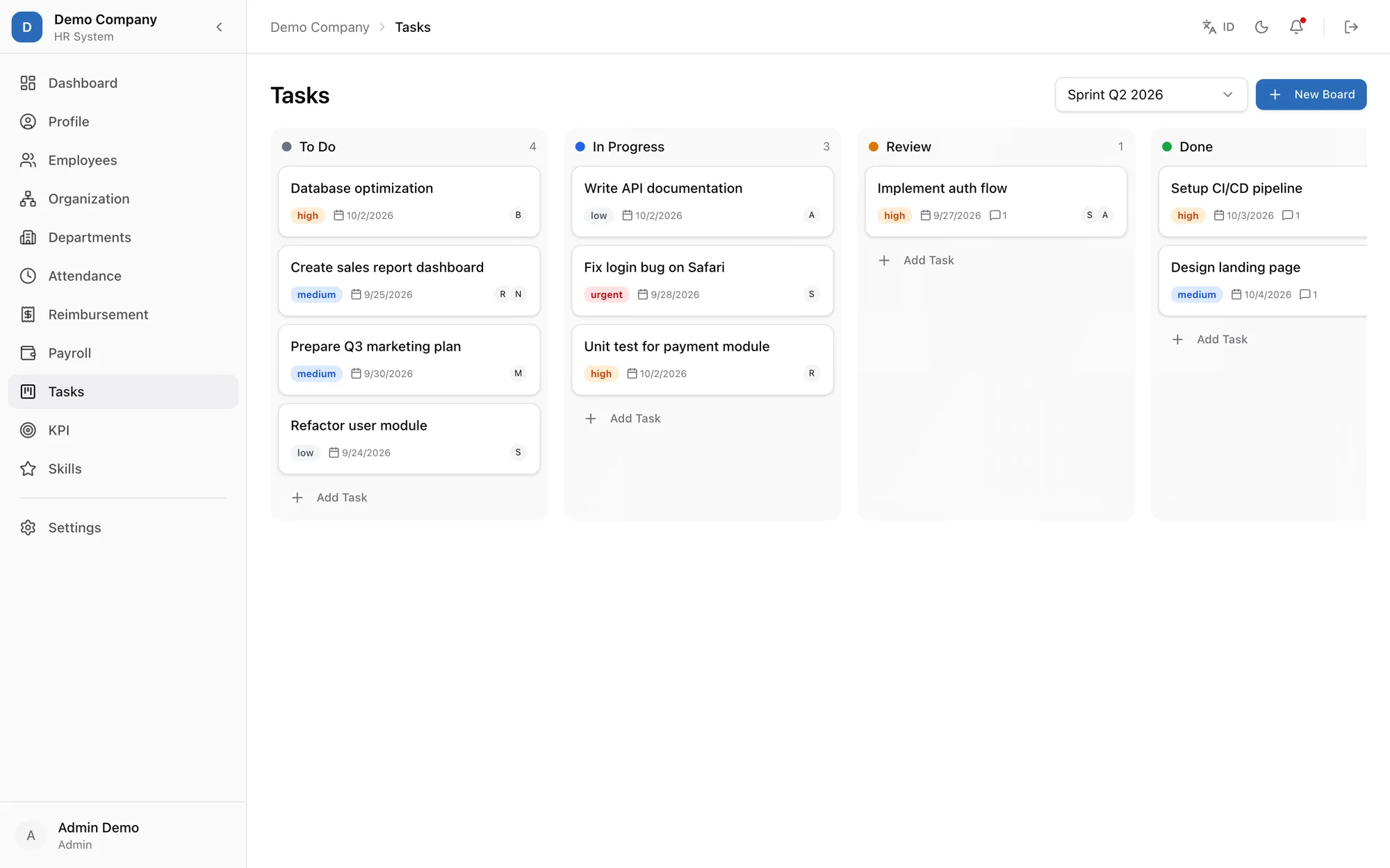 Task board — drag and drop work across To Do, In Progress, Review and Done